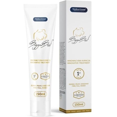Frasco e caixa do creme Bigger Bust, 150ml, texturas branca e dourada com texto em polaco e inglês.
