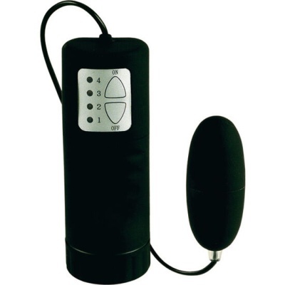 Vibrador preto com controlador e dispositivo oval conectado por fio