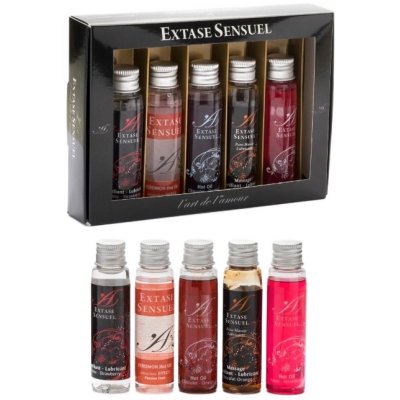 Frascos de líquidos coloridos Extase Sensuel numa caixa preta com janela