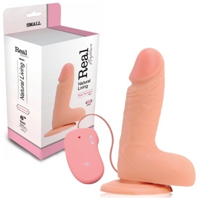 Dildo realista com ventosa, controle remoto rosa e embalagem branca com rosa.