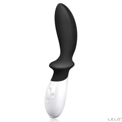 Vibrador preto e branco com botões de controlo e marca LELO