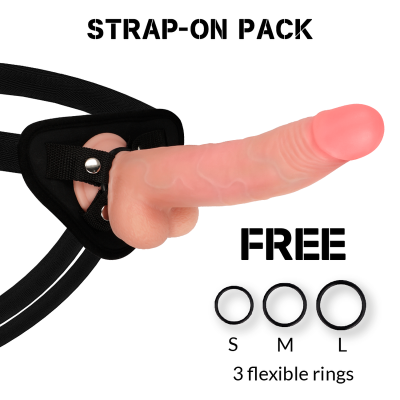 Pack Strap-On com arnês preto e pénis realista rosa com três anéis flexíveis