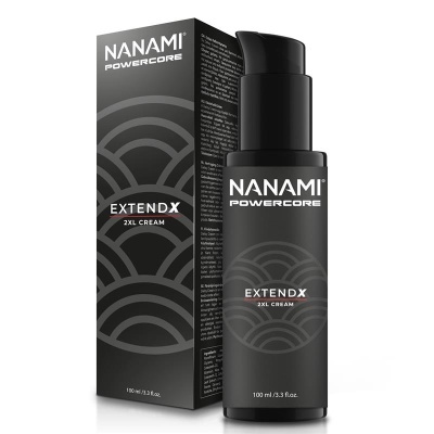 Frasco e caixa preta do creme NANAMI POWECORE EXTENDX 2XL CREAM 100 ml