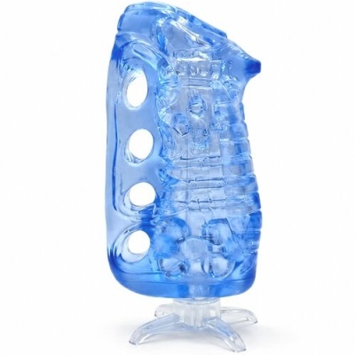 Objeto translúcido azul com furos laterais e base transparente