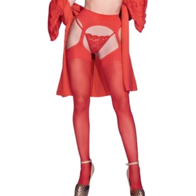 Conjunto feminino de lingerie vermelho com meia-calça, ligas, tanga rendada e robe.