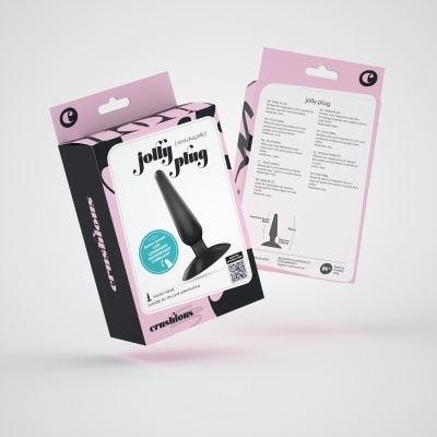 Caixa cor-de-rosa e preta com plug anal preto e texto Jolly Plug