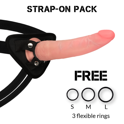 Dildo realista com cinta preta e três anéis flexíveis S, M, L, texto STRAP-ON PACK e FREE.