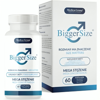 Frasco de suplemento BiggerSize e sua embalagem branca com texto azul