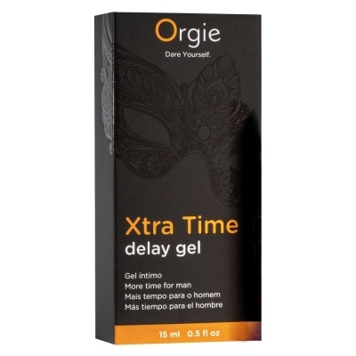 Embalagem preta do gel íntimo Orgie Xtra Time com texto em branco e laranja