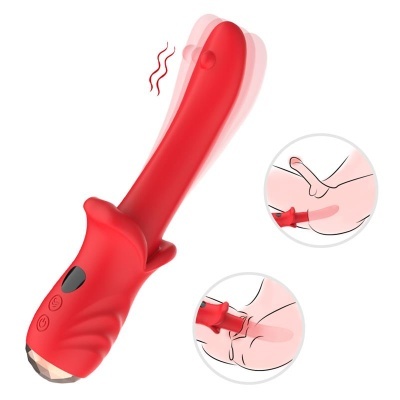 Vibrador vermelho em silicone com botões pretos e base decorativa