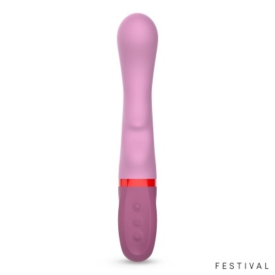 Vibrador rosa com base roxa e botões, texto FESTIVAL