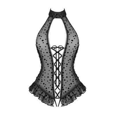 Top de lingerie preto com tule transparente e bolinhas.