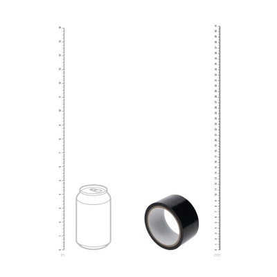 Rolo de fita adesiva preta com interior branco e ilustração de lata ao lado