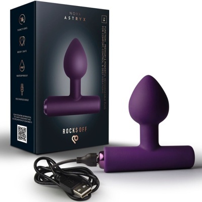Plug violeta recarregável com cabo USB e embalagem preta