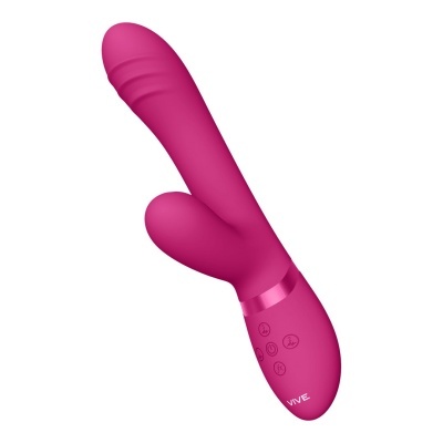 Vibrador rosa em silicone com design anatómico e botões de controlo