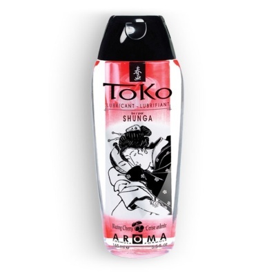 Frasco de lubrificante Toko by Shunga com ilustração japonesa e texto Blazing Cherry