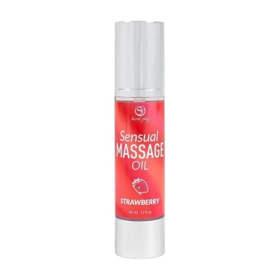 Frasco de óleo de massagem sensual sabor morango com rótulo vermelho