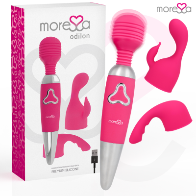 Massageador rosa e prateado com cabeças intercambiáveis em silicone, com caixa embaladora branca.