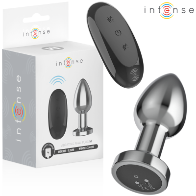 Plug anal vibratório metálico prateado com controlo remoto preto e embalagem branca Intense