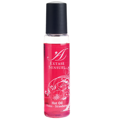 Frasco de óleo corporal rosa com tampa preta e texto branco