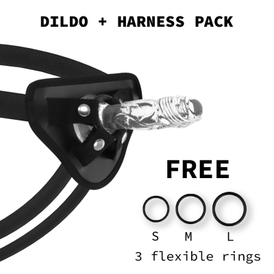 Pack dildo transparente com arnês preto e 3 anéis flexíveis de tamanhos S, M e L