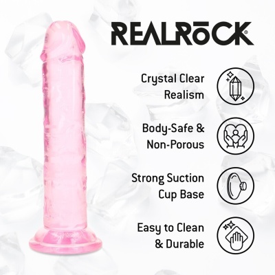 Dildo rosa translúcido com base de ventosa e texto promocional REALROCK