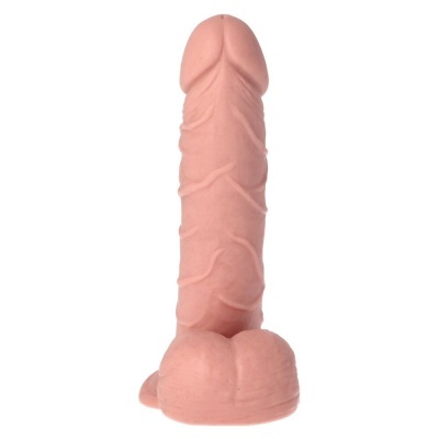Vibrador realista cor de pele com textura veiculada e base com testículos