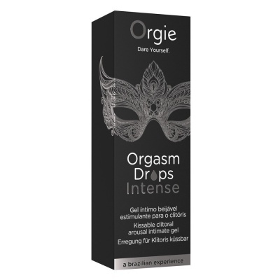 Embalagem preta de gel íntimo beijável Orgie com máscara decorativa e texto informativo