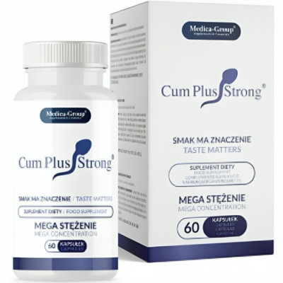 Frasco branco e caixa de suplemento alimentar Cum Plus Strong com detalhes azuis