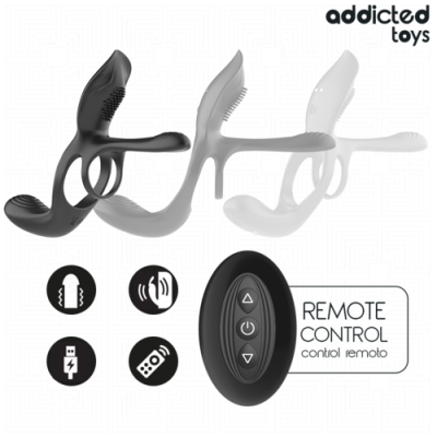 produto sexual em silicone preto com controle remoto e ícones de funcionalidades