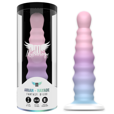 Dildo fantasia em silicone tonalidades rosa a azul com base branca e embalagem transparente.