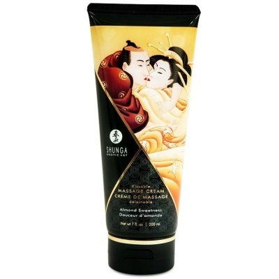 Tubo de creme de massagem com arte erótica e texto em inglês e francês.
