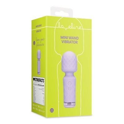 Embalagem verde-limão de vibrador mini wand lilás em silicone.