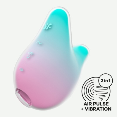 Dispositivo em forma de mão com cores azul e rosa e texto 2 in 1 AIR PULSE + VIBRATION