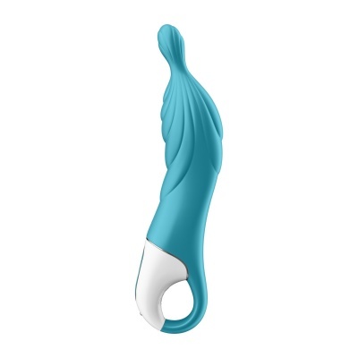Vibrador azul turquesa com base branca e argola para manuseio