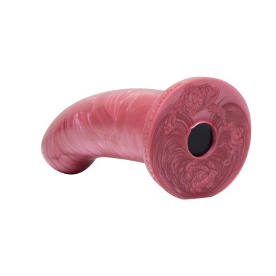 Produto em silicone rosa curvo com base larga circular e buraco preto central