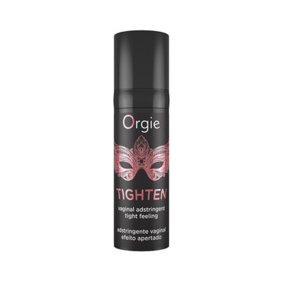 Frasco preto do produto Orgie TIGHTEN com máscara rosa