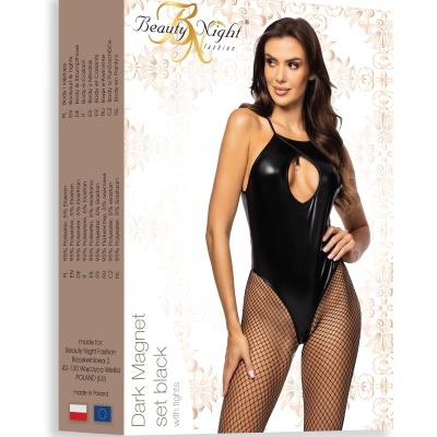 Embalagem de lingerie preta feminina com bodystocking e collants de rede da marca Beauty Night Fashion