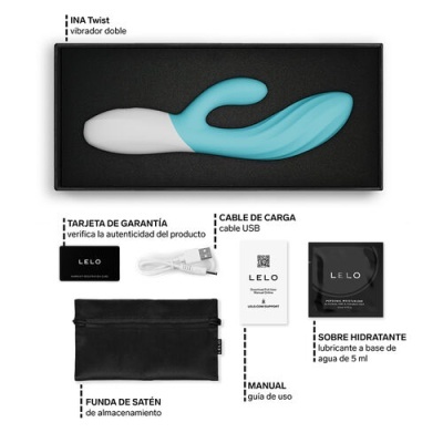 Conjunto erótico com vibrador duplo azul-branco e acessórios em fundo branco