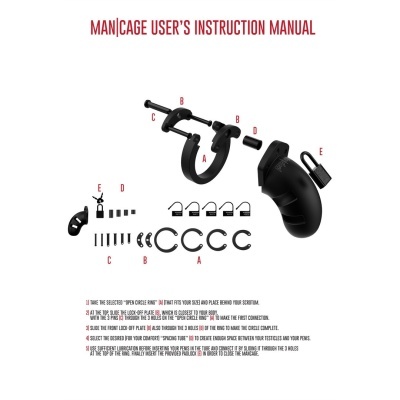 Manual de instruções do MAN|CAGE com peças numeradas e cadeado preto