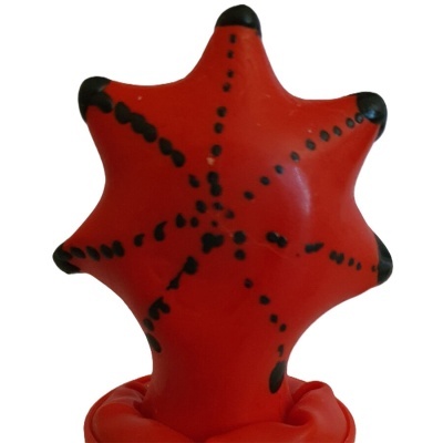 Brinquedo em borracha vermelho em forma de estrela do mar com pontos pretos