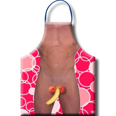 Avental com estampa de torso nu masculino e frutas na virilha, fundo rosa com círculos