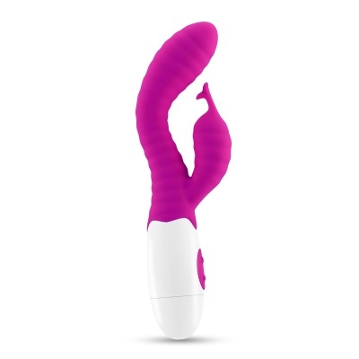 Vibrador duplo roxo com parte inferior branca e botões, em fundo branco