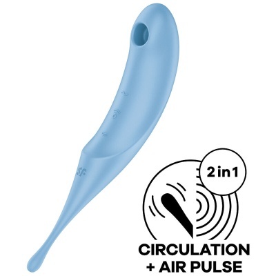 Dispositivo azul claro curvo com orifício e texto 2 in 1 CIRCULATION + AIR PULSE