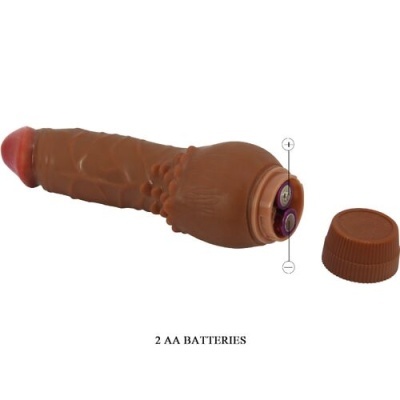 Vibrador marrom em forma de pénis com compartimento para pilhas aberto