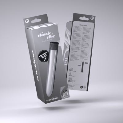 Caixa cinzenta com vibrador prateado e detalhes em preto, texto clássico classic vibe e especificações do produto.