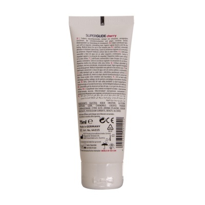 Tubo branco de gel lubrificante cherry de 75 ml com texto informativo e lista de ingredientes na parte traseira