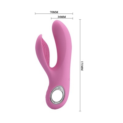 Produto rosa em silicone com duas pontas e aro metálico mostrando dimensões.