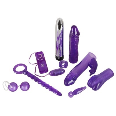 Conjunto de brinquedos sexuais roxos e prateados com controle remoto