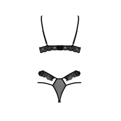 Conjunto de lingerie feminino preto em renda e transparência